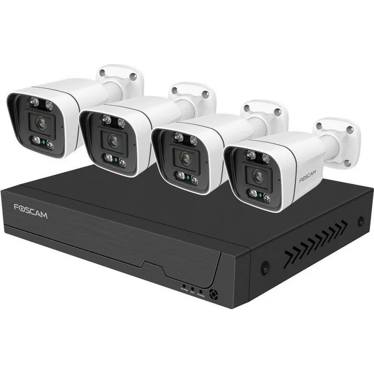 Foscam FNA108E-B4-2T 8-Kanal 4K 8 MP PoE Videoüberwachungsset in Weiß mit 4x Überwachungskamera, 2 TB HDD, Zwei-Wege-Audio und Alarmsirene