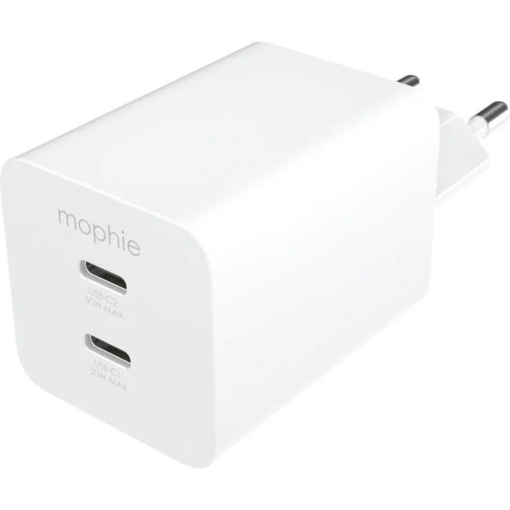 mophie Essentials Power Adapter (50 W), Schnellladegerät mit 2 USB-C Anschlüssen, Weiss