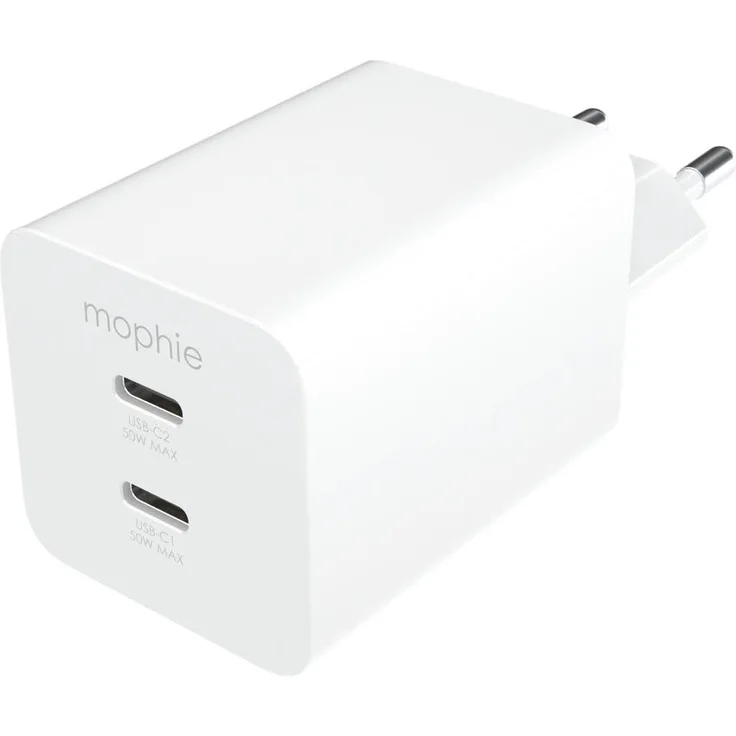mophie Essentials Power Adapter (50 W), Schnellladegerät mit 2 USB-C Anschlüssen, Weiss