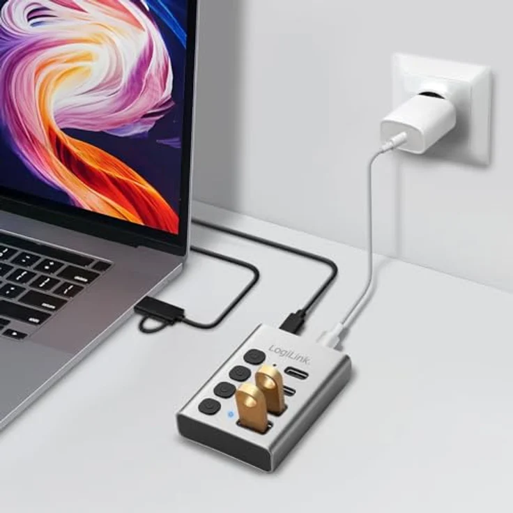 LogiLink UA0446, USB 3.2 Gen1 Hub mit 4-Ports, USB Typ A & C, An-/Ausschalter, Aluminium, inkl. PD 20 W Ladegerät – Bild 2