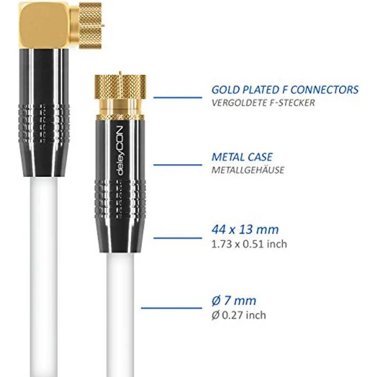deleyCON 1,5m SAT Antennenkabel PREMIUM HDTV Satellitenkabel gewinkelt Koaxialkabel - F-Stecker (90° Grad) zu F-Stecker - Weiß - METALL vergoldet – Bild 4