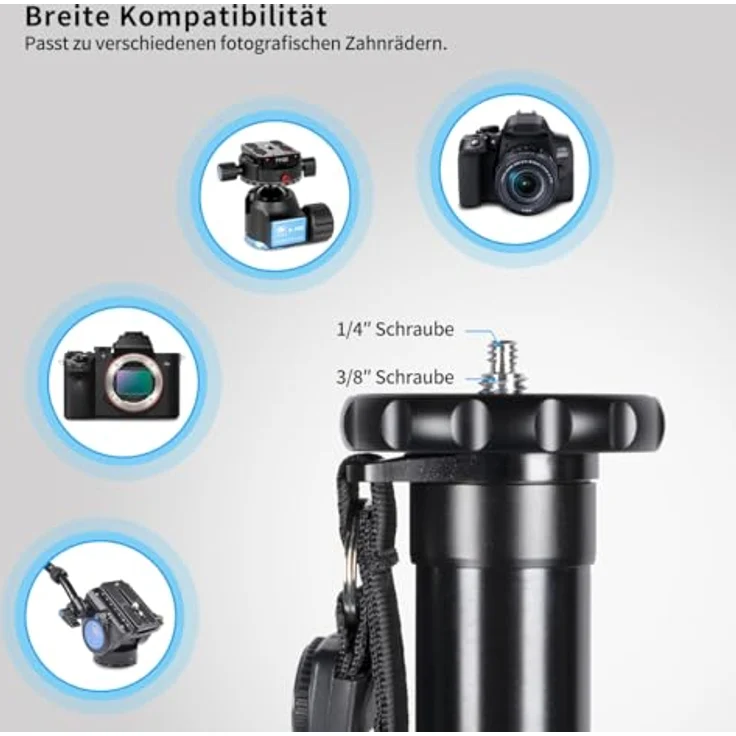 Sirui P-306 Einbeinstativ (Aluminium, Höhe: 155 cm, Gewicht: 0,56 kg, Belastbarkeit: 8 kg, mit Handschlaufe und Karabiner) schwarz – Bild 4