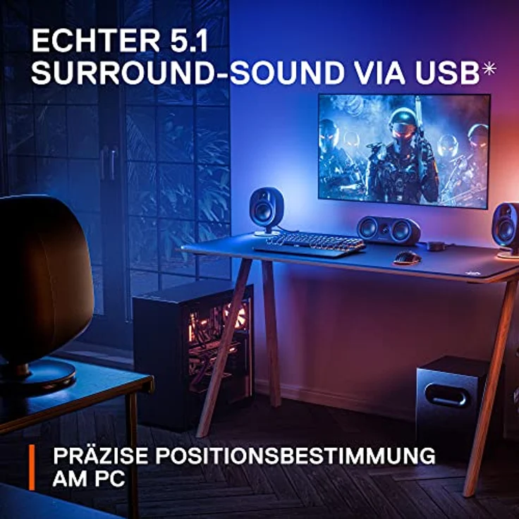 SteelSeries Arena 9 - 5.1-Gaming-Lautsprecher – 5.1 USB Surround-Sound – Kabellose hintere Lautsprecher, 2-Wege-Lautsprecherdesign, Subwoofer – Reaktive RGB – USB, BT – PC, Schwarz – Bild 3