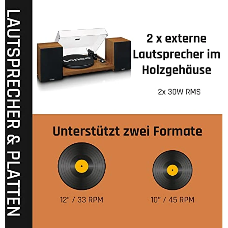 Lenco LS-480 Hi-Fi Plattenspieler mit Bluetooth - Mit externen Lautsprechern 2 x 30 W RMS - Riemenantrieb - Vorverstärker - MDF-Gehäuse - braun – Bild 2