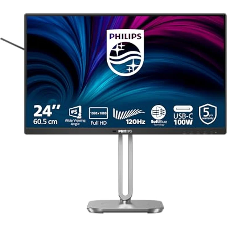 Philips 24B2U4301, 24 Zoll Full HD Monitor mit Lautsprechern, höhenverstellbar (1920x1080, 120 Hz, HDMI 1.4, DisplayPort 1.4, USB-C 100 W Power Delivery), schwarz grau – Bild 2