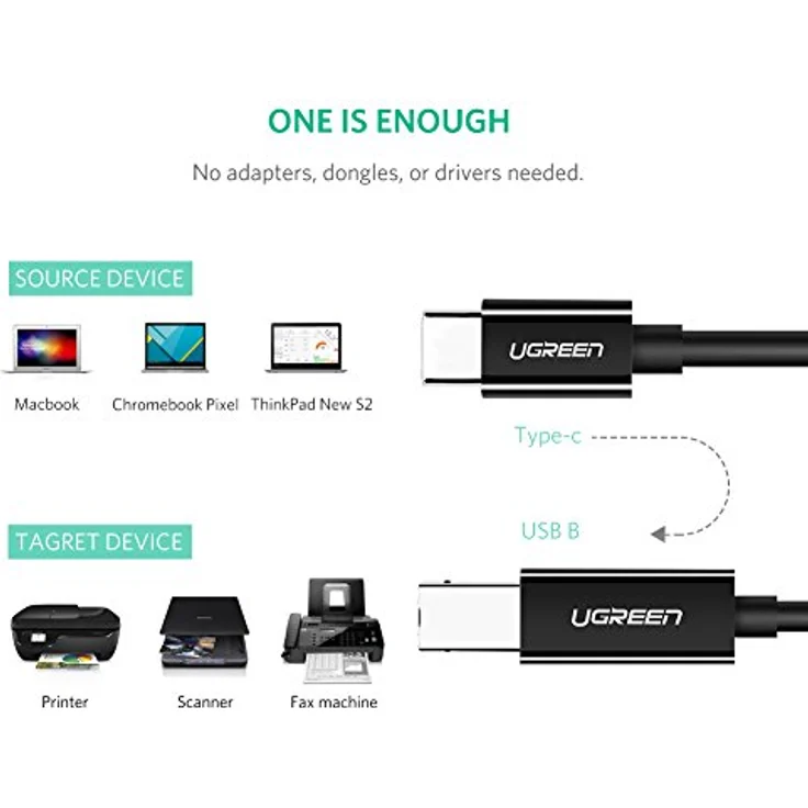 Ugreen US241 Premium USB-C zu USB-B Druckerkabel, 2m, 480Mb/s Übertragungsrate, Farbe Schwarz – Bild 2