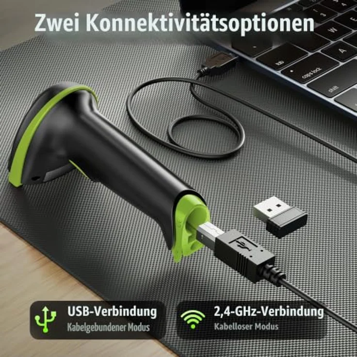 Tera Barcode Scanner 5100, kabellos mit Akkuanzeige und Anti-Shock-Silikon, 1D in Grün – Bild 4
