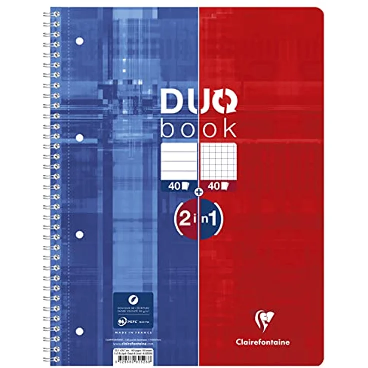 CLAIREFONTAINE Notizblock Collegeblock Duobook A4+, 80 Blatt, 90g/qm, kariert/liniert, blau/rot – Bild 2
