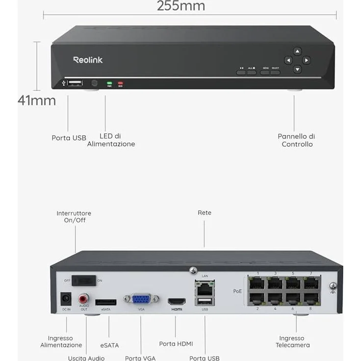 Reolink RP-PN8, 8-Kanal PoE Netzwerkvideorekorder mit HDMI/VGA, 16MP Auflösung, erweiterbar auf 32TB, ReoNeura KI, Perimeterschutz