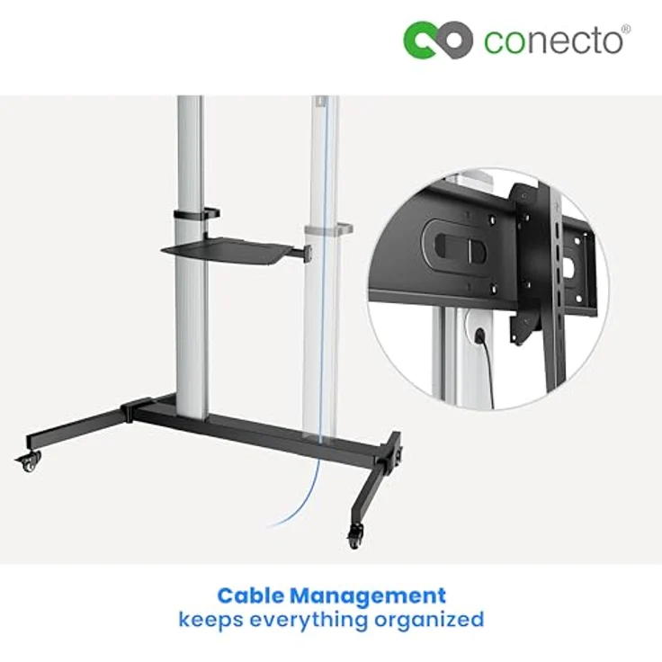 conecto TV Ständer Standfuß rollbar 60-100 Zoll für viele Fernseher/Monitore I Mit Rollen höhenverstellbar/schwenkbar/drehbar I Modell LM-FS03E - Silber/Schwarz – Bild 5