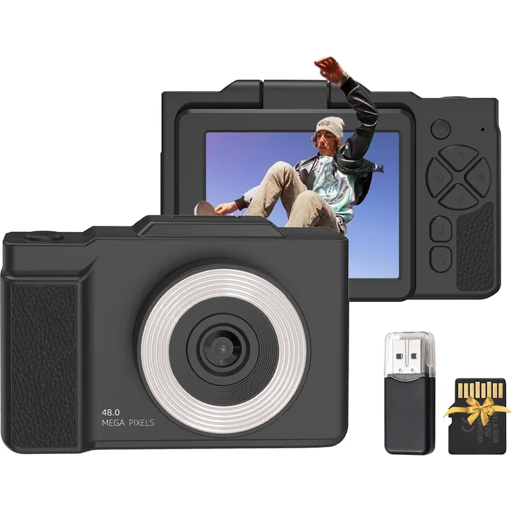KKmoon 1080P Digitalkamera für Kinder, 48 MP mit 2,8 Zoll drehbarem IPS-Bildschirm, Autofokus, 16-fach Zoom, LED-Fülllicht, inklusive 32 GB TF-Karte und USB-Kartenleser