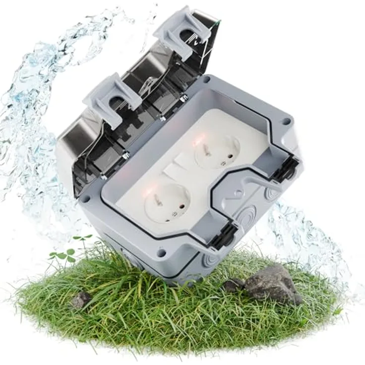 greate abschließbare Außensteckdose wasserdicht Garten mit Schalter - 2fach Aussensteckdose wasserdicht IP66, schaltbare Aussensteckdose, wasserdichte Steckdose, Outdoor Steckdose wasserdicht außen - greate Gartensteckdose IP66, staubdicht, abschließbar, 2 Schalter