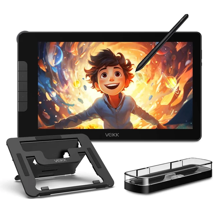 VEIKK Studio 16, Grafiktablett mit Display, 16384 Druckempfindlichkeitsstufen, Blendschutz, 1920x1080 IPS-HD Bildschirm, batterieloser Stift mit Neigungsfunktion, inkl. Tablet-Ständer