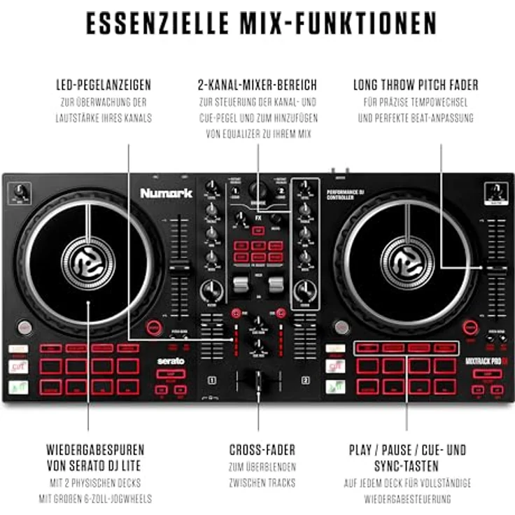 Numark Mixtrack Pro FX ? 2 Deck DJ-Controller für Serato DJ mit DJ-Mixer, integriertem Audio Interface, Touch-kapazitiven Jogwheels und Effekt-Paddel – Bild 4