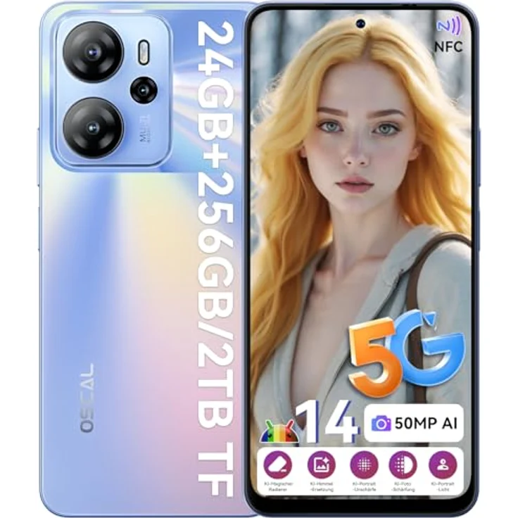 OSCAL Tiger 13 5G Handy ohne Vertrag, 24GB+256GB/2TB, 6.67" HD+, 50MP AI Kamera, 4K Video, 18W Schnellladung/5000mAh, Face ID/Fingerprint/OTG/NFC-Blau – Bild 1