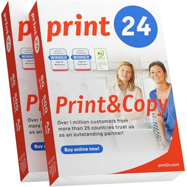 print24 Druckerpapier Kopierpapier 1000 Blatt 2 x 500 A4 80g Premium Weiß Testsieger PEFC – Bild 1