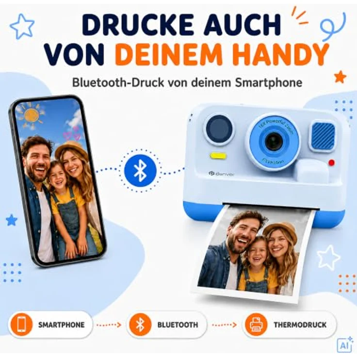 Denver KPC-1374BT Blue Sofortbildkamera, 48 MP mit Thermodruckfunktion und Full HD Videoaufnahme, erweiterbarer Speicher bis 128 GB, für Kinder – Bild 3