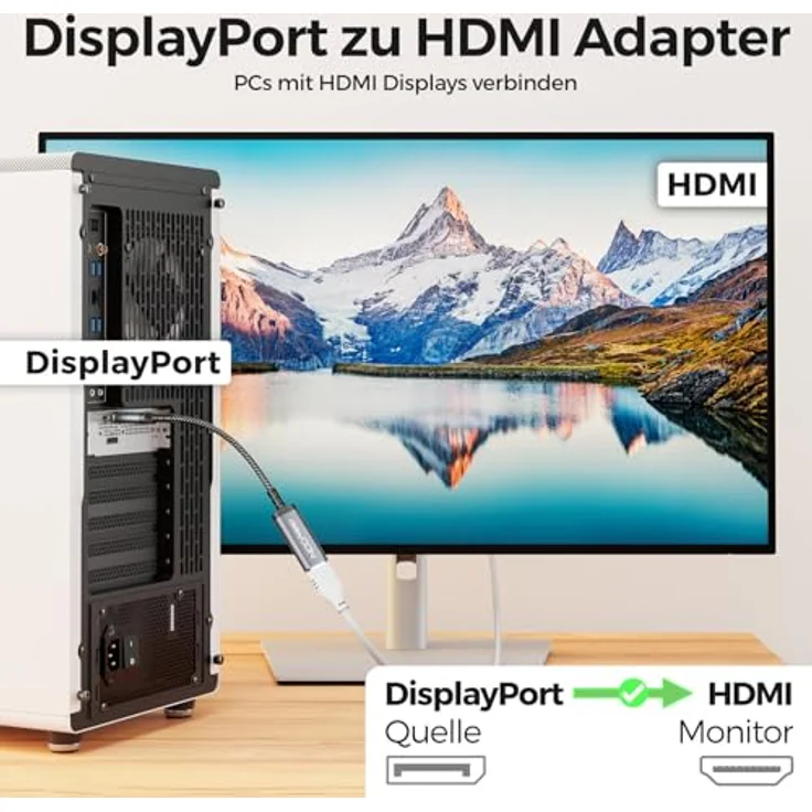 deleyCON 4K DisplayPort zu HDMI Adapter, Unidirektional mit 4K @60Hz, 1080p @240Hz und 1440p @165Hz, für Gaming PC und HDMI Monitor/TV/Beamer – Bild 3