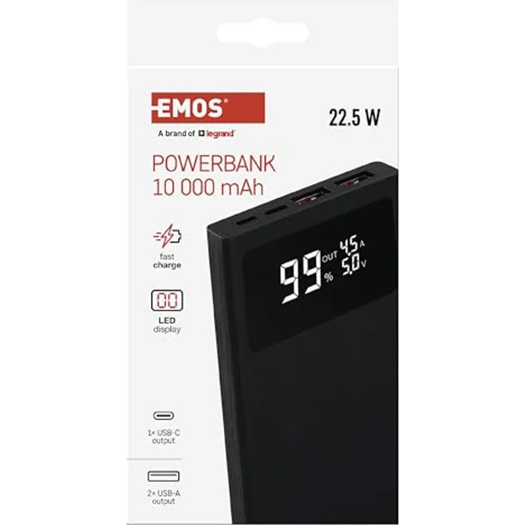 EMOS Powerbank BetaQ 10000mAh, 22,5 W Quick-Charge externer Akku/Ladegerät mit Display, Passthrough, 3X Output + 2X Input, schwarz – Bild 2