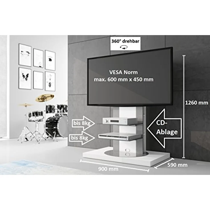 designimpex Fernsehtisch Roma H-777nw, Weiß Hochglanz, 360° drehbar für TV bis 65 Zoll, inkl. TV-Halterung – Bild 4