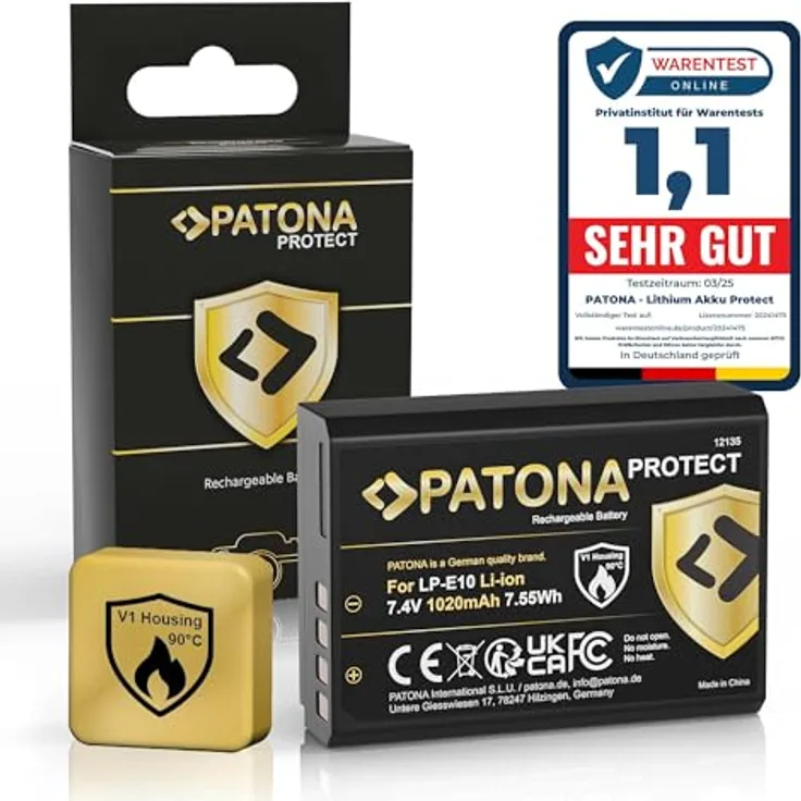 PATONA LP-E10 Protect Akku 1020mAh, kompatibel mit Canon EOS 1100D, 1200D, 1300D, 2000D, 4000D, feuerhemmendes Gehäuse und optimale Temperatursteuerung