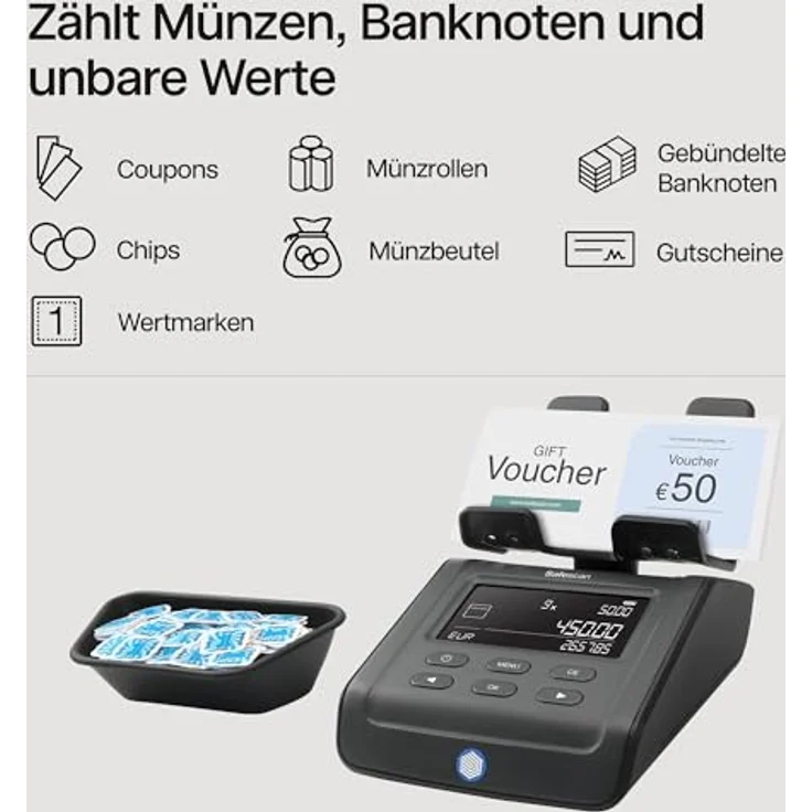 Safescan 6165 Geldzählmaschine, Wertzählung für Münzen und Banknoten, inklusive automatischer Münzrollenerkennung und individuellem Speichersystem für Zählergebnisse – Bild 4