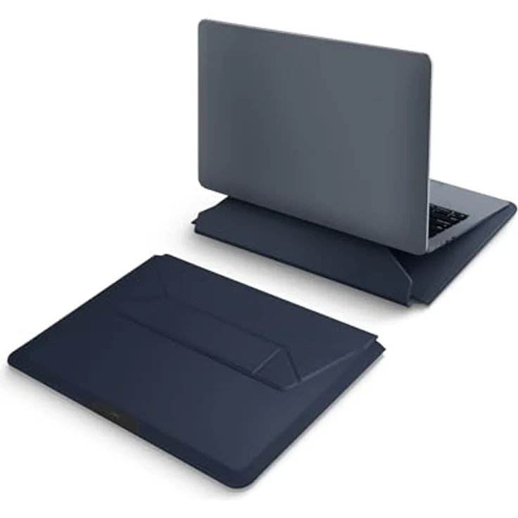 UNIQ Oslo Sleeve und Laptop-Ständer, ergonomischer 25º-Winkel, spritzwassergeschütztes Kunstleder, für Laptops bis 14 Zoll, Blau – Bild 2