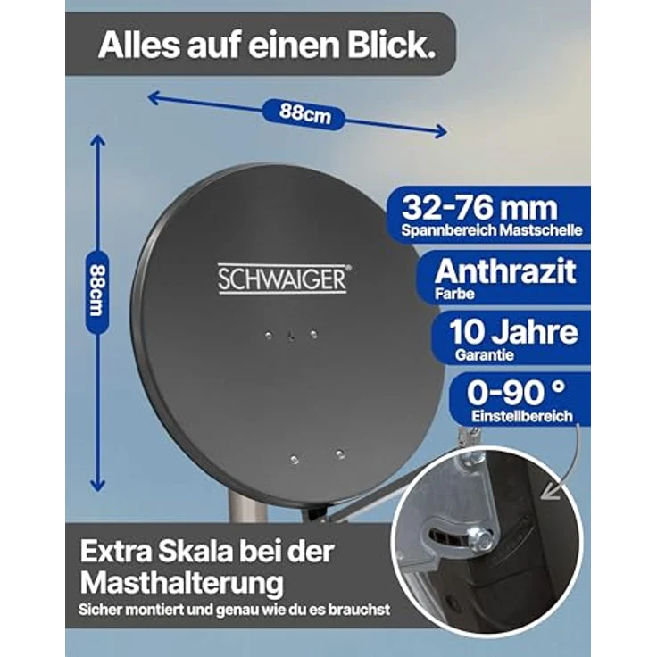 SCHWAIGER Satellitenschüssel Ø 90 cm Aluminium Offset Antenne, anthrazit, wetterfest, Multifeed geeignet, maximale Empfangsleistung 39,5 dB, inklusive LNB Tragarm und Masthalterung – Bild 5
