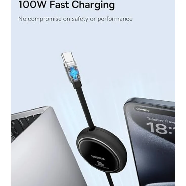 Baseus Free2 Draw Mini Reel Type-C to Type-C 100W Kabel 1m. - Schwarz, Flexibles Kabel, 100W PD Schnellladung, Smart Chip, 480Mbps Übertragungsrate – Bild 2