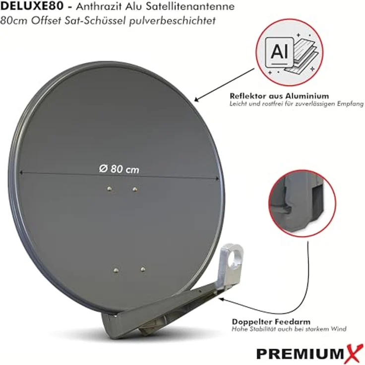 PremiumX DELUXE80 Satellitenschüssel 80 cm, Aluminium in Anthrazit, Full HD 3D 4K Ultra HD, starke Empfangsleistung, einfache Montage, flexible LNB-Kompatibilität – Bild 2