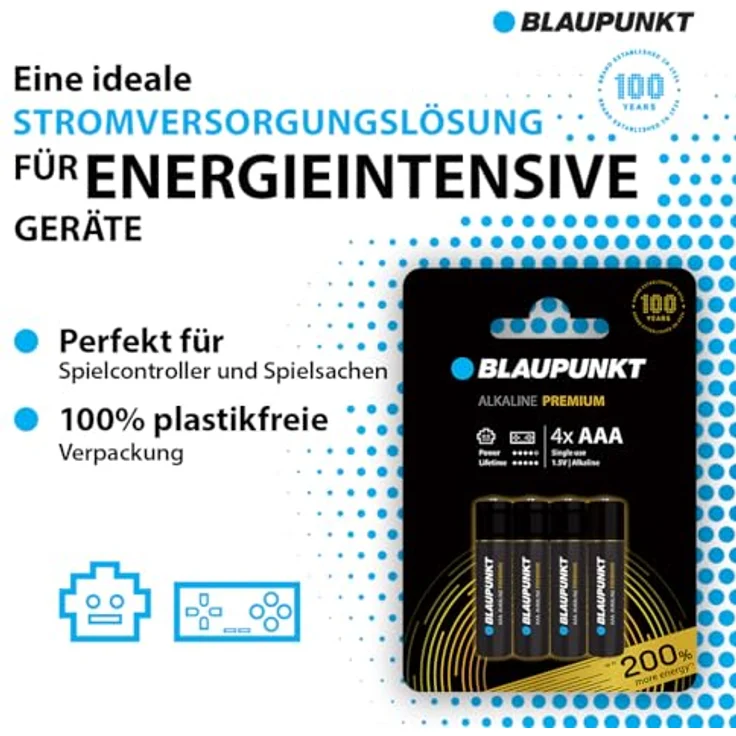 BLAUPUNKT Premium AAA Alkalibatterien Packung mit 4, ideal für Gamecontroller und Spielsachen, LR03BPR/4CP, 10 Jahre Batteriestromschutz, plastikfreie Verpackung – Bild 2