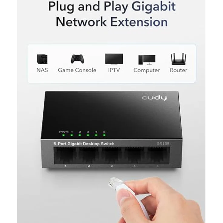 Cudy GS105 Ethernet Switch Gigabit 5 Ports 10/100/1000Mbps Ethernet Hub Plug & Play, Metallgehäuse – Bild 2