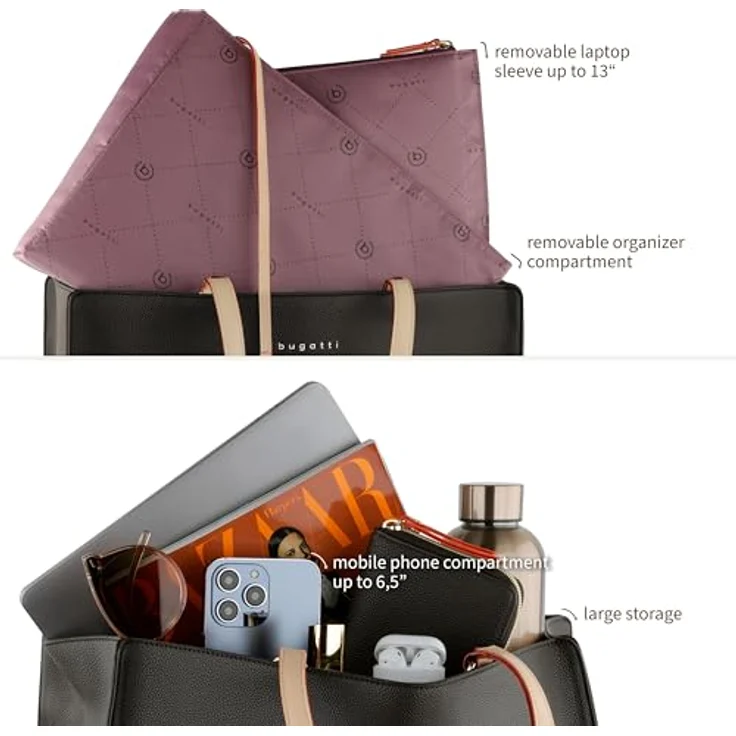 bugatti Ella Business System Bag, elegante Aktentasche mit 13-Zoll-Laptopfach, dunkelbraun, handgefertigt mit herausnehmbarem Organizer – Bild 5