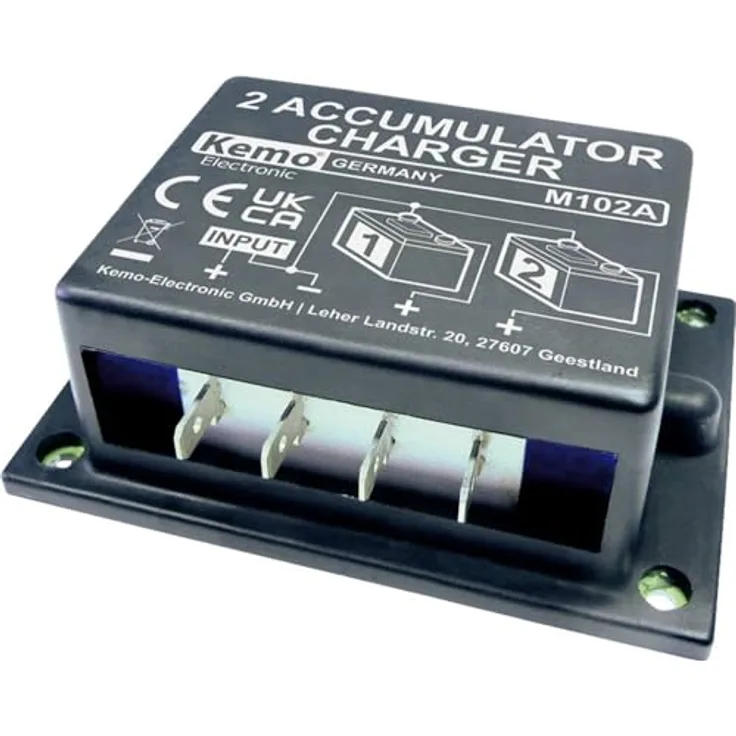 Kemo M102A Zweit-Akkulader, Akkuweiche für 2 Bleiakkus 6-24 V/DC, max. 10 A Ladeström, kompakt 87 x 60 x 33 mm