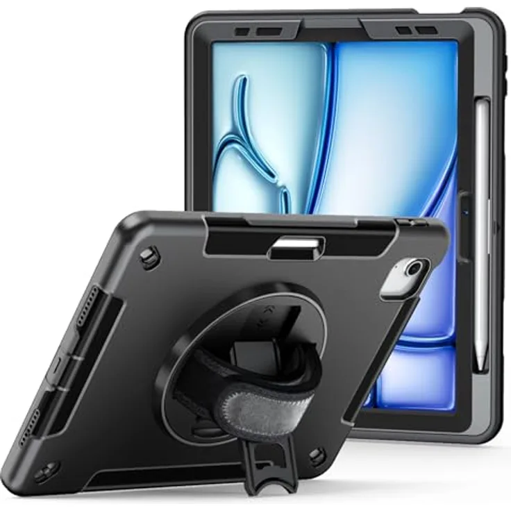 honju Rugged Case für iPad Air 11" (2026/2025) & 10,9" (2022/2020), robuste Schutzhülle mit drehbarer Handschlaufe, Kickstand und MIL-STD-810G Zertifizierung, Schwarz