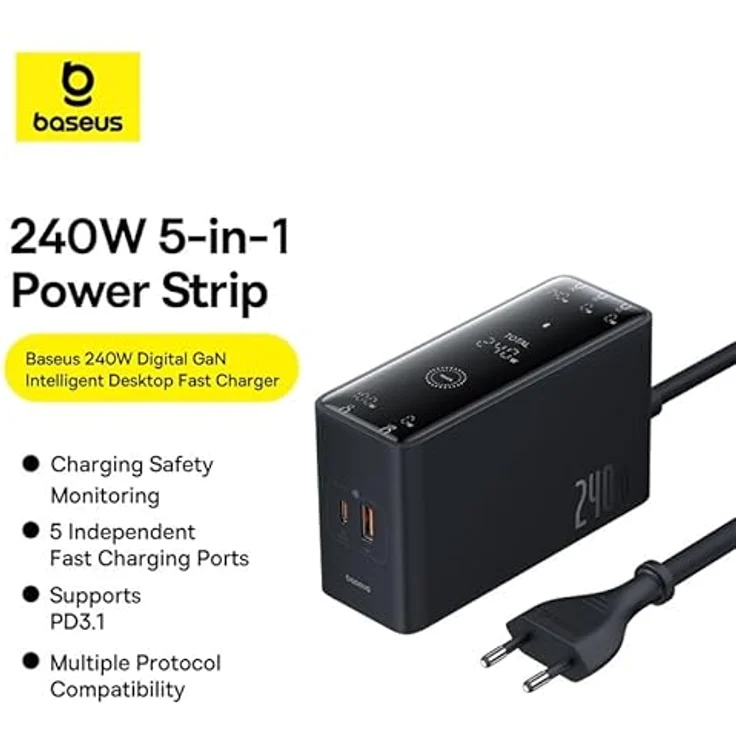 Baseus GaN Digital Charger, 240W Ladegerät mit 3x USB-C Anschlüssen und 1m Kabel in Schwarz – Bild 4