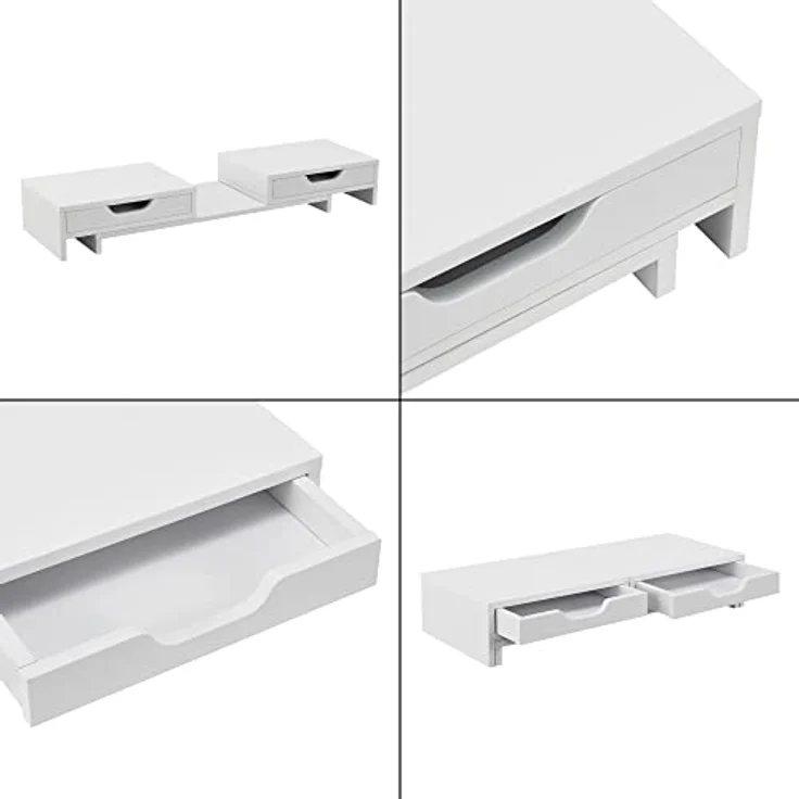 en.casa Marttila Monitorständer, Monitorerhöhung mit 2 Schubladen, 60x22x11cm, Weiß, ergonomische Bildschirmpositionierung, Platzsparend – Bild 7