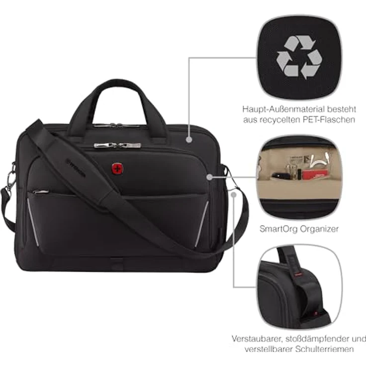 WENGER Meteor Brief Laptop-Tasche, für Notebooks bis 17 Zoll, Tabletfach, 22 l, Schwarz, recyceltes Außenmaterial, abnehmbarer Schulterriemen – Bild 4