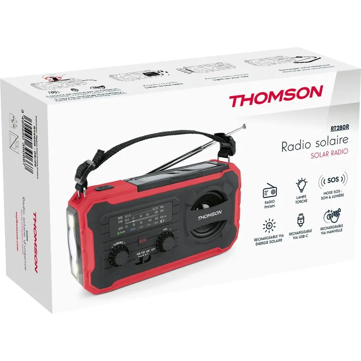 Thomson Notfallradio RT280R, Multifunktionsradio mit FM/AM, integrierter Taschenlampe und Powerbank, rot
