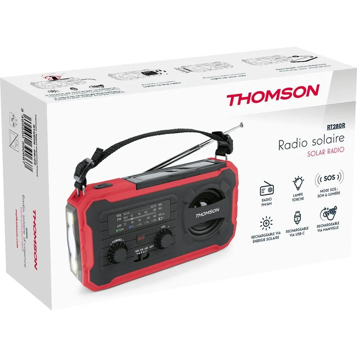 Thomson Notfallradio RT280R, Multifunktionsradio mit FM/AM, integrierter Taschenlampe und Powerbank, rot