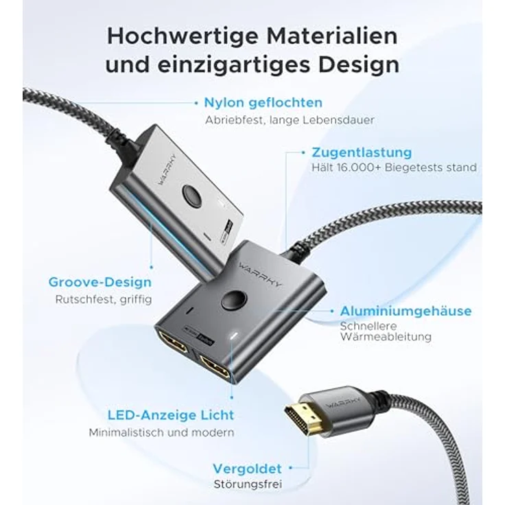 WARRKY HDMI Switch 4K@60Hz, 2 In 1 Out Splitter mit 1m geflochtenem Kabel, HDCP 2.2, Aluminium, unterstützt UHD 3D für PS5/4, Xbox, FireStick – Bild 5