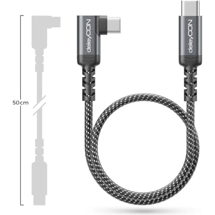 deleyCON 0,5m USB-C Kabel gewinkelt 90° (60W Schnellladekabel) mit PD 3.0 für iPhone 17/16/15, Galaxy A16/A56/S25/S24/S23, Pixel, iPad, MacBook, robustes Nylon mit Knickschutz – Bild 3