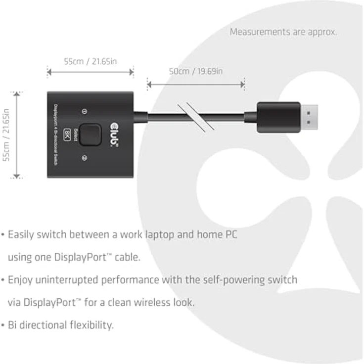 Club 3D CSV-1009 DisplayPort™ 2-in-1 bidirektionaler Switch 8K, Umschaltknopf, Plug-and-Play, DP1.4, bis zu 7680x4320P bei 60Hz – Bild 4