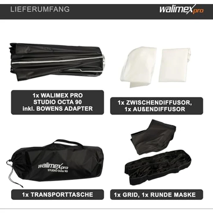 Walimex pro Studio Softbox Octagon 90cm, 360° drehbar, inkl. Grid, Maske, Bowens Adapter und Transporttasche, ideal für Porträts und Beauty-Aufnahmen – Bild 5
