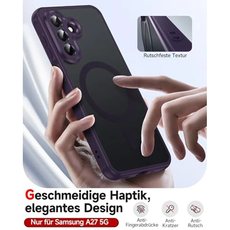 LeYi Magnetische Handyhülle für Samsung Galaxy A27 5G, Militärschutz, Mattes Durchscheinendes Case Cover, Violett, 2 Stück Schutzfolie – Bild 2