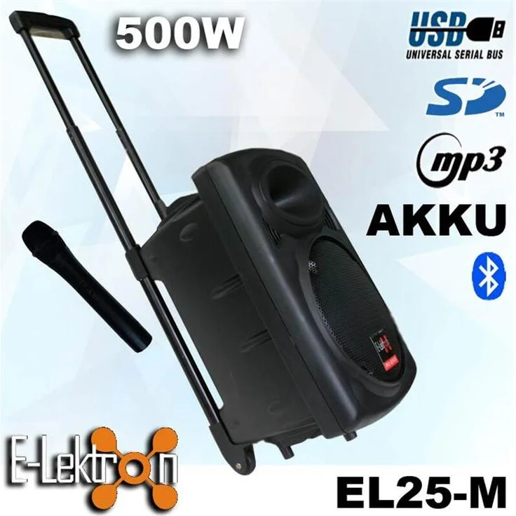 E-Lektron EL25-M 500W Mobile PA Soundanlage Akku-MP3-USB-Bluetooth inkl. Funkmikrofon Soundsystem, schwarz – Bild 1