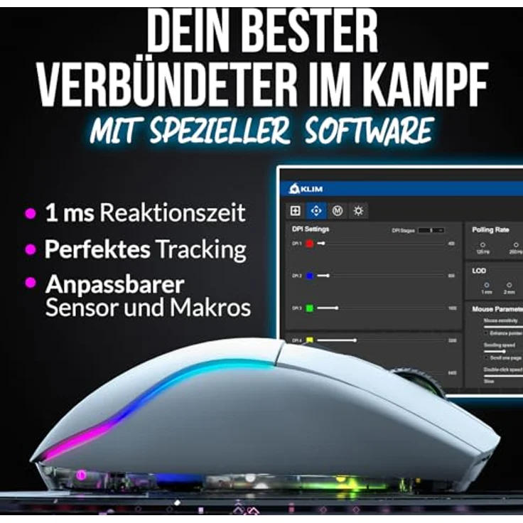 KLIM Blaze X RGB + NEU 2023 kabellose Gaming-Maus + Ladestation + Bis zu 12000 DPI + PC, PS5, PS4, Mac + Weiß – Bild 3