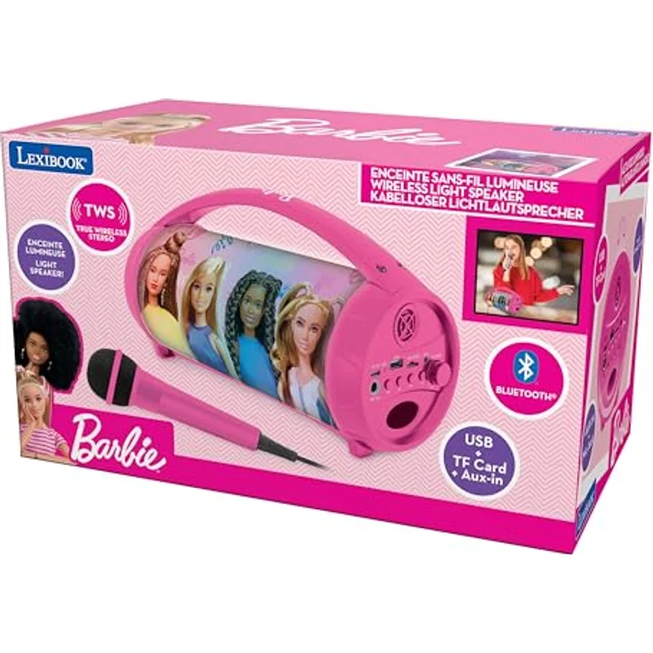 Lexibook Barbie Bluetooth-Lautsprecher mit Mikrofon, mehrfarbige Lichteffekte, kabellos, USB-Anschluss – Bild 6