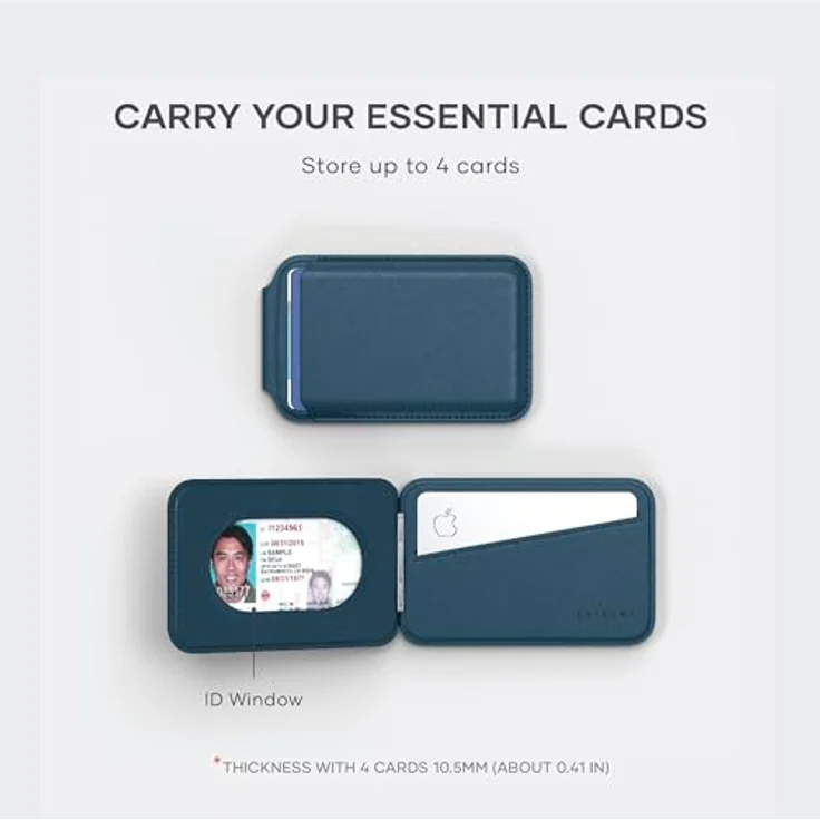 SATECHI Magsafe Wallet und Double Flap Stand mit Magnetfunktion, iPhone Wallet mit 4 Kartenfächern, Frontklappe NFC Pass Through für iPhone 15, iPhone 14, iPhone 13, iPhone 12 – Vegan Leder, Blau – Bild 3