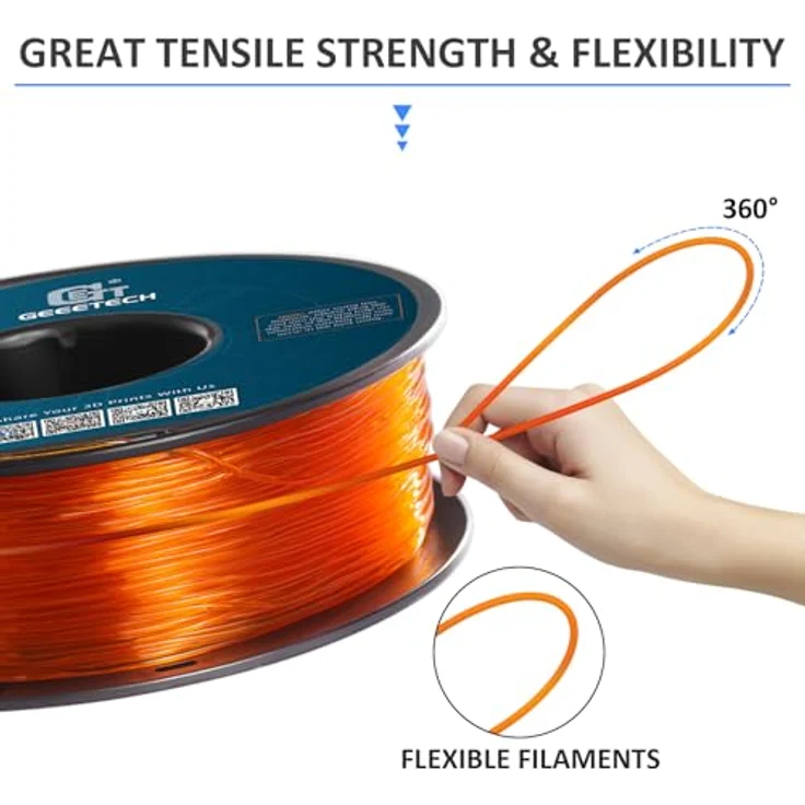 GEEETECH TPU Filament 1,75mm Transparent Orange, Flexibles 3D Drucker Filament mit hoher Abriebfestigkeit, 1kg Spule – Bild 3